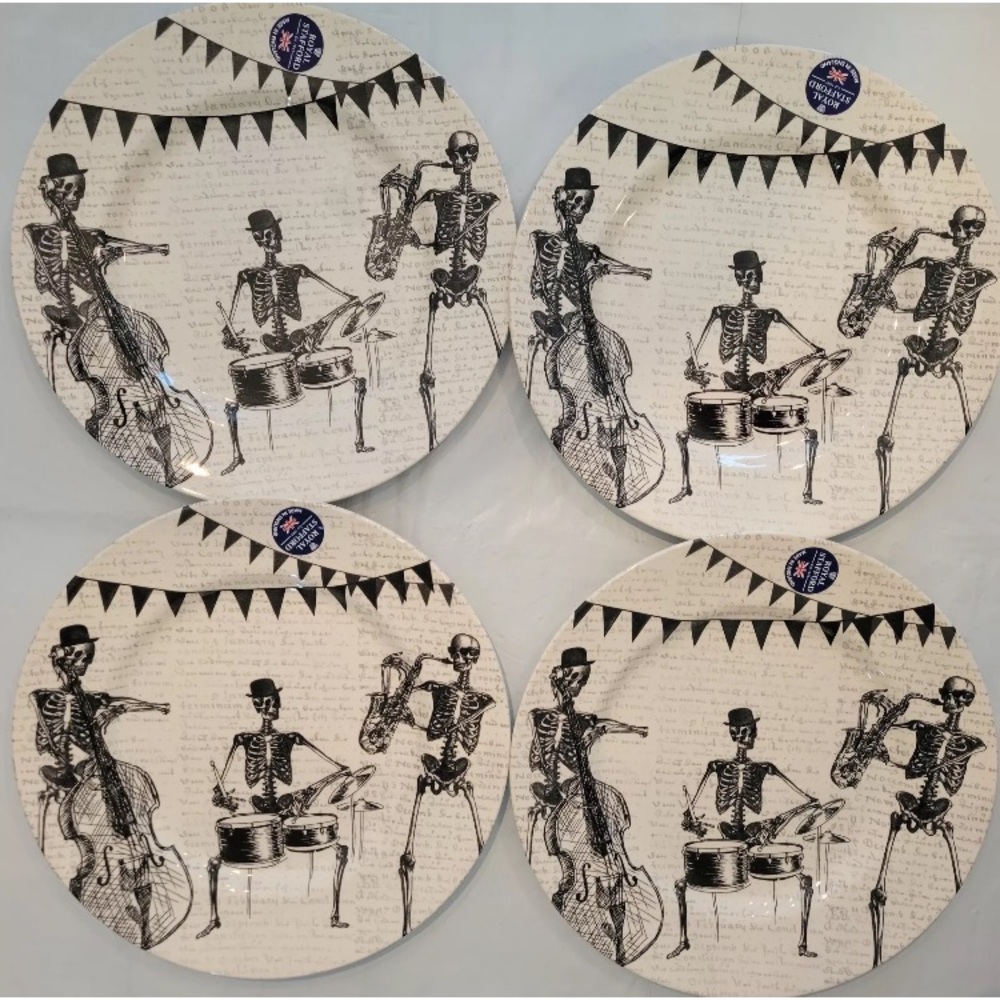 4x Royal Stafford Dinner Plate Skeleton Bones Band Halloween Decorative 11” VHTF